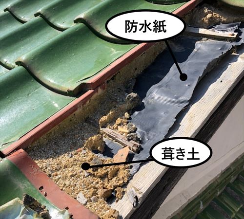 袖瓦飛散　防水紙　葺き土